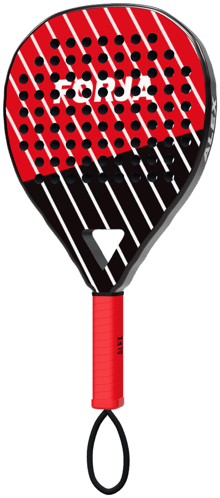Custom red and black padel racket with a name on the frame